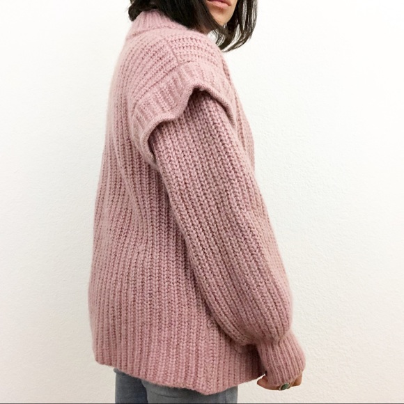 Pink Vintage 💕 size L 80s Chunky Wool Knit Oversized Cardigan Sweater Pockets - Picture 5 of 5